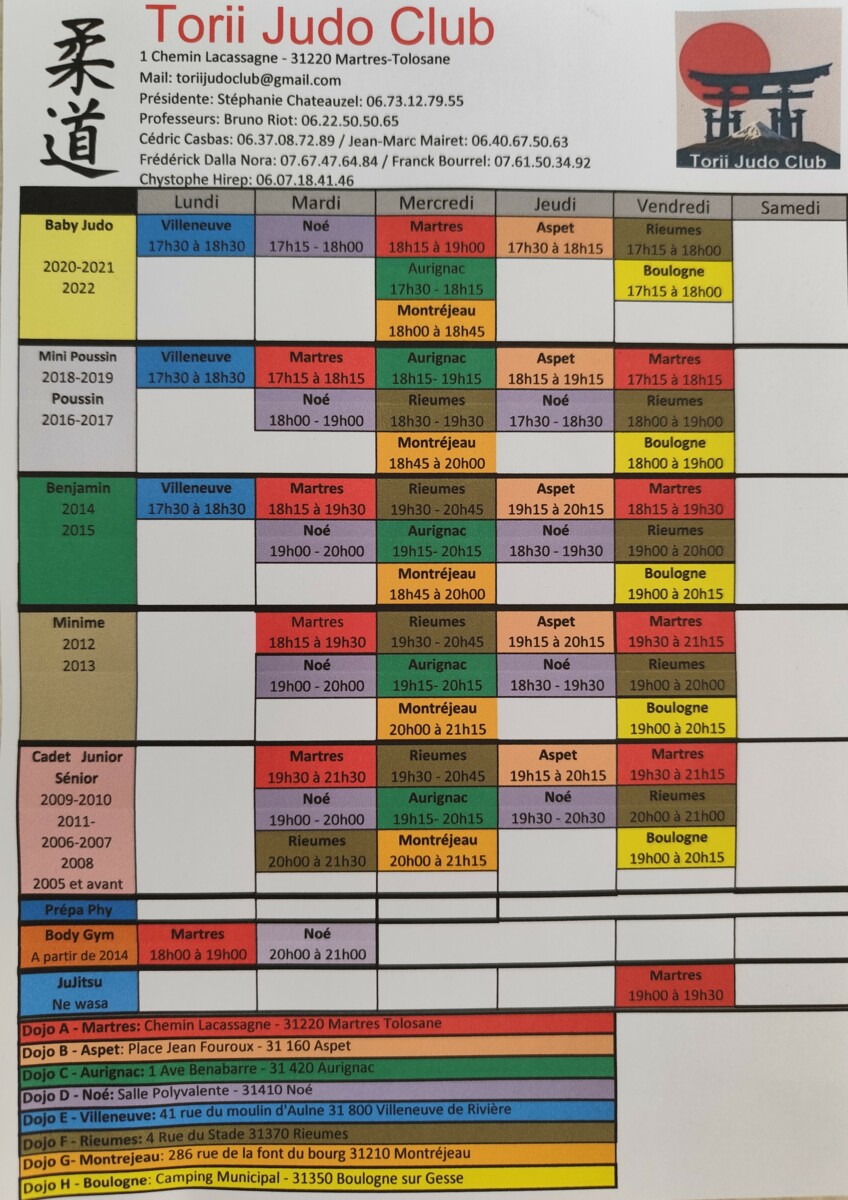 les Horaires des Dojos du Torii 